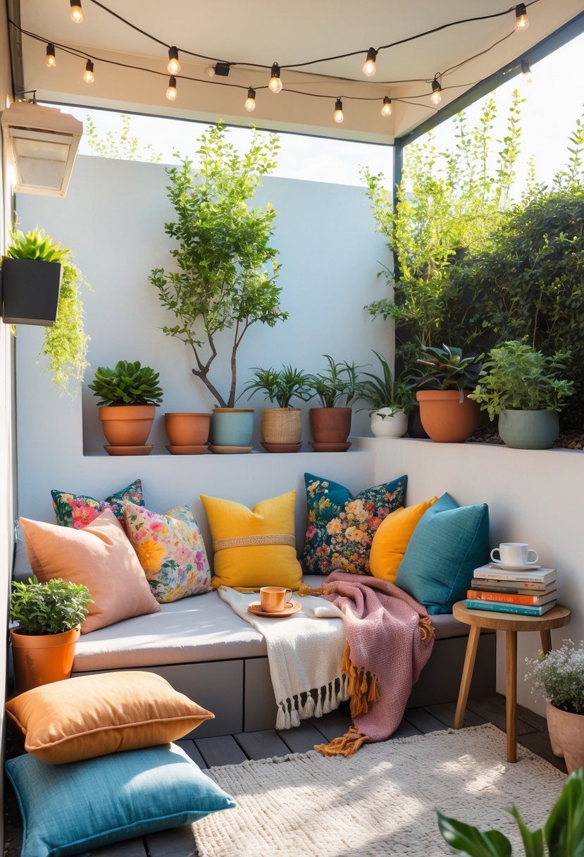 13 Small Apartment Patio Ideas On a Budget for Stylish and Functional Outdoor Spaces 7 A small apartment patio with cushions, throws, plants, string lights, and a side table with books and a cup of tea.