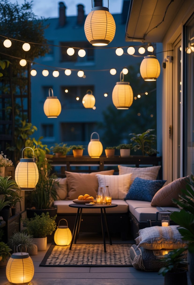 13 Small Apartment Patio Ideas On a Budget for Stylish and Functional Outdoor Spaces 9 A small apartment patio with solar-powered lanterns, cozy seating, potted plants, and ambient lighting during early evening.
