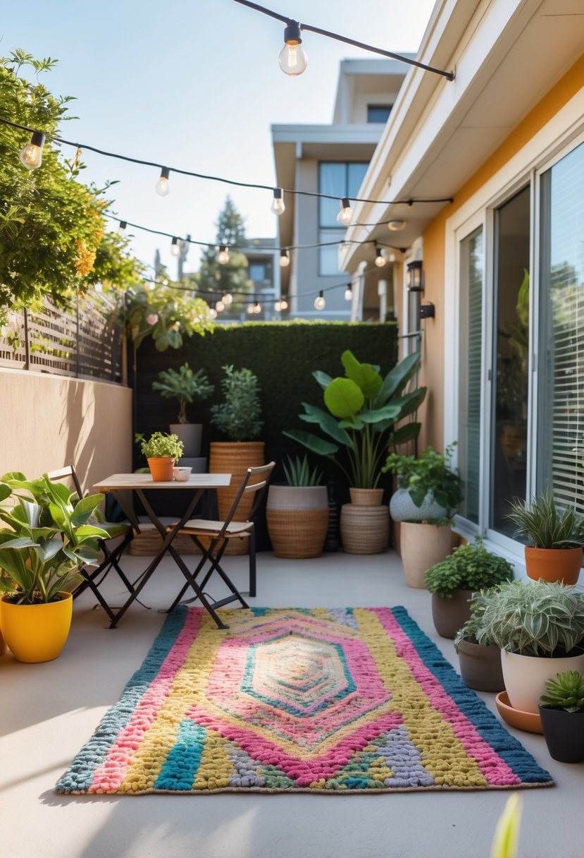 13 Small Apartment Patio Ideas On a Budget for Stylish and Functional Outdoor Spaces 10 Small apartment patio with outdoor rug, seating area, potted plants, and string lights.