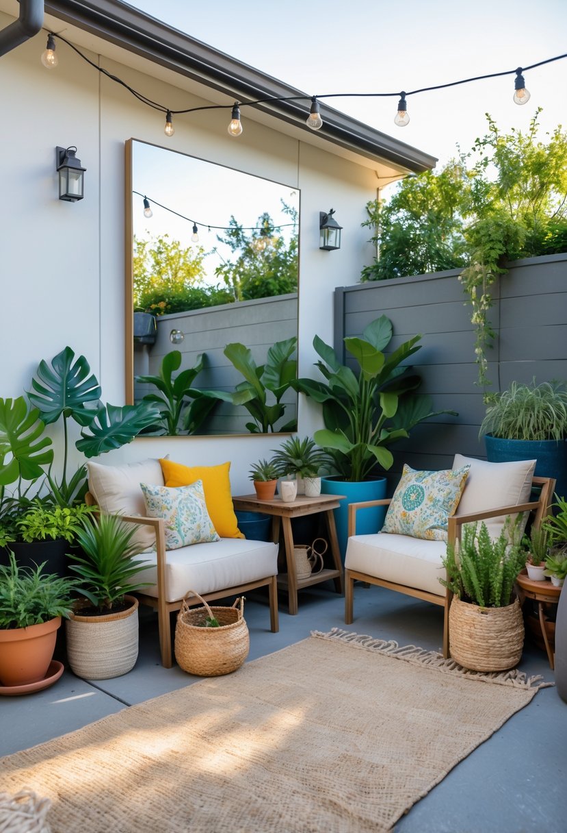 13 Small Apartment Patio Ideas On a Budget for Stylish and Functional Outdoor Spaces 15 A small apartment patio with seating, plants, string lights, and a large mirrored wall reflecting the space.