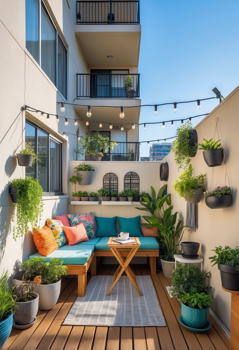 13 Small Apartment Patio Ideas On a Budget for Stylish and Functional Outdoor Spaces 16 A small apartment patio with cozy seating, potted plants, hanging planters, a small table with coffee, and string lights overhead.