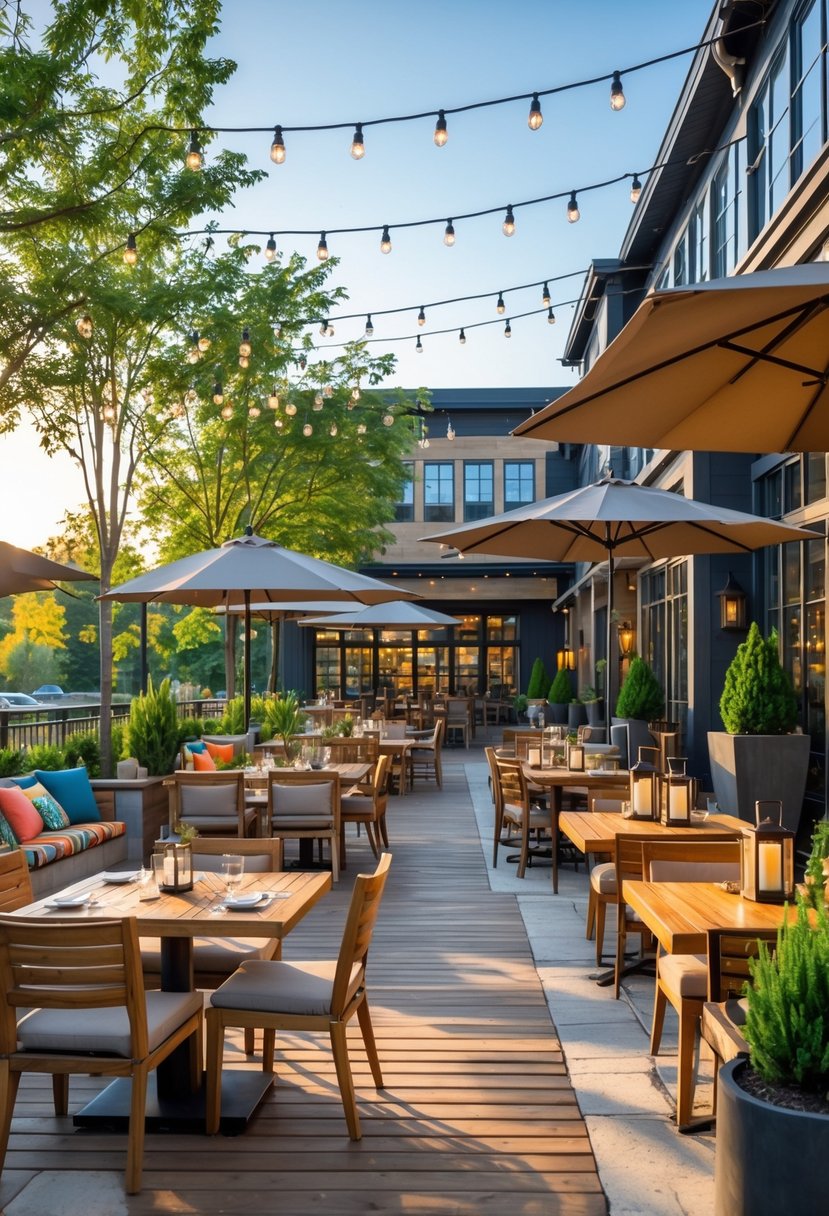 Outdoor restaurant patio with tables, chairs, umbrellas, plants, and decorative lighting in a welcoming dining area.