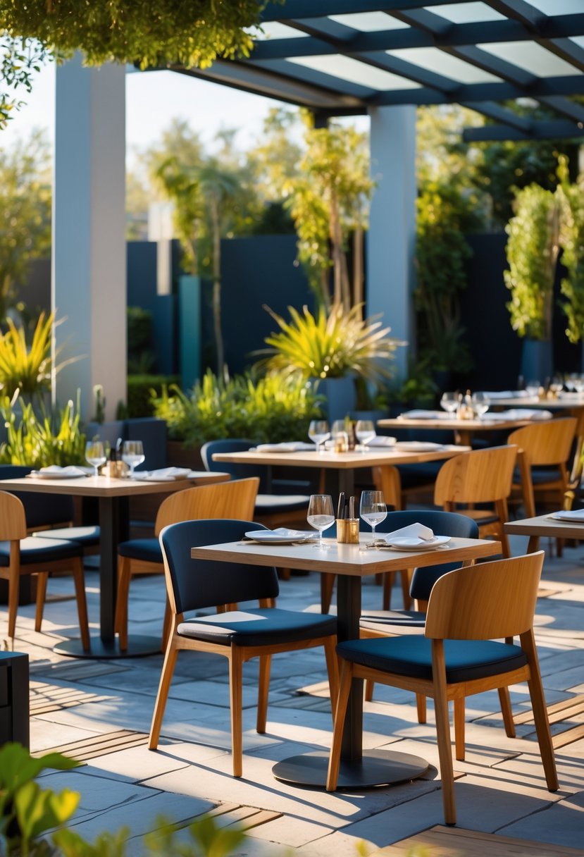 Outdoor restaurant patio with tables surrounded by chairs and benches, plants, and natural sunlight.