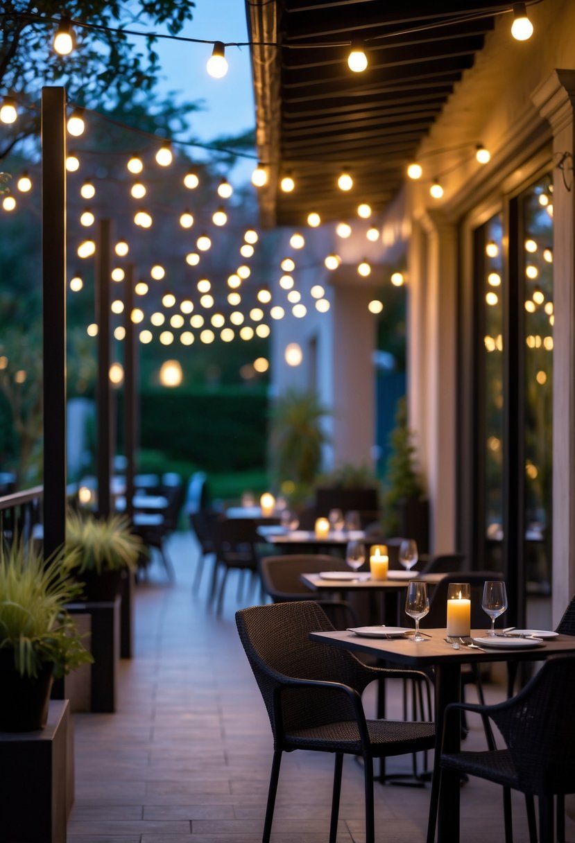 An outdoor restaurant patio at evening with tables and chairs illuminated by hanging string lights.