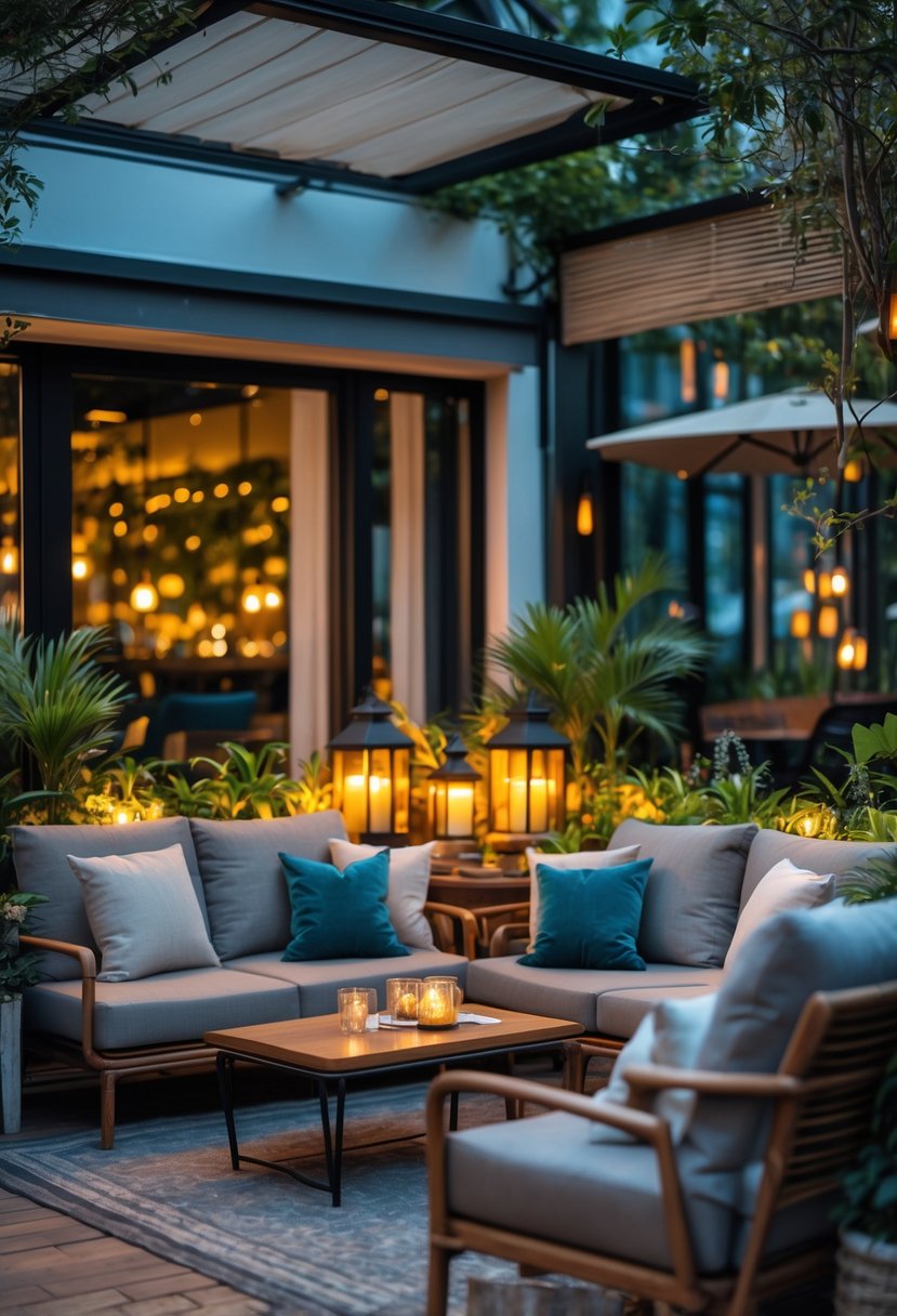 A cozy restaurant patio corner with cushioned lounge seating, a low table, and plants creating a warm and inviting outdoor space.