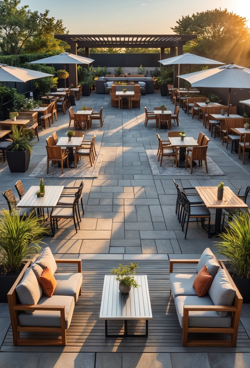 A restaurant patio with ten different types of weather-resistant outdoor furniture arranged in seating areas under natural daylight.