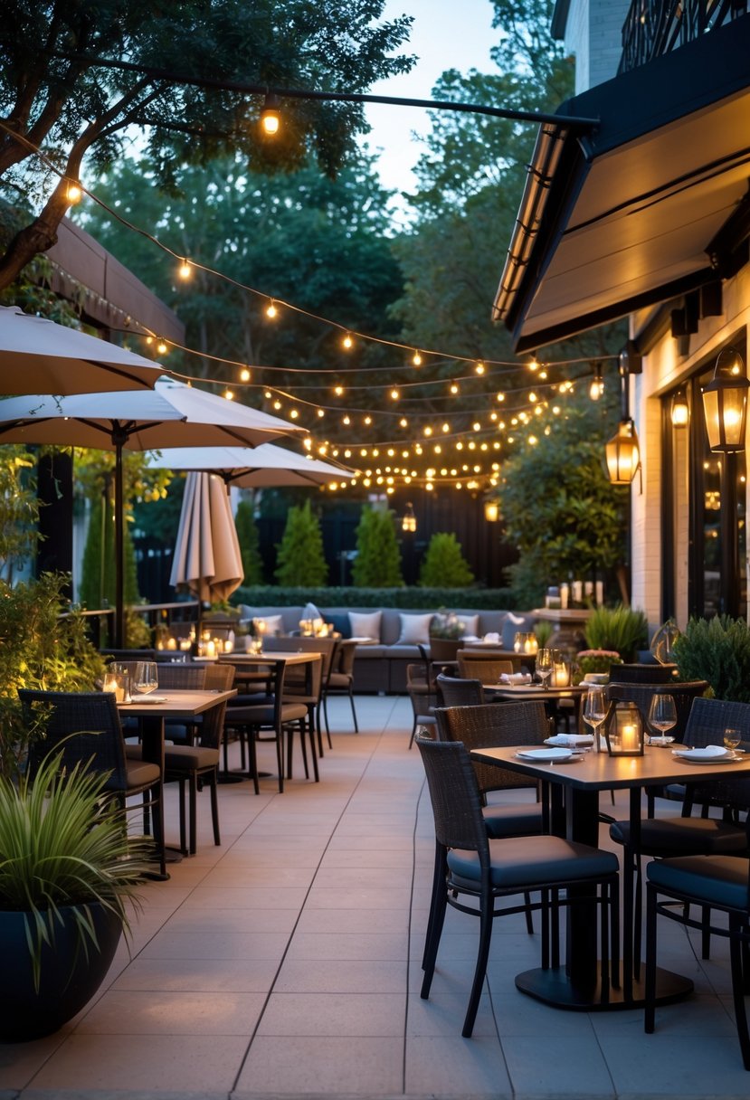 An outdoor restaurant patio with tables, chairs, plants, and warm lighting creating a welcoming dining area.