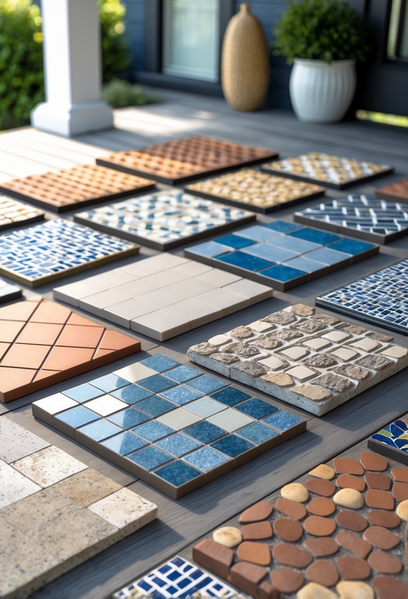 A collection of ten different front porch tile samples arranged outdoors on a flat surface with natural light.