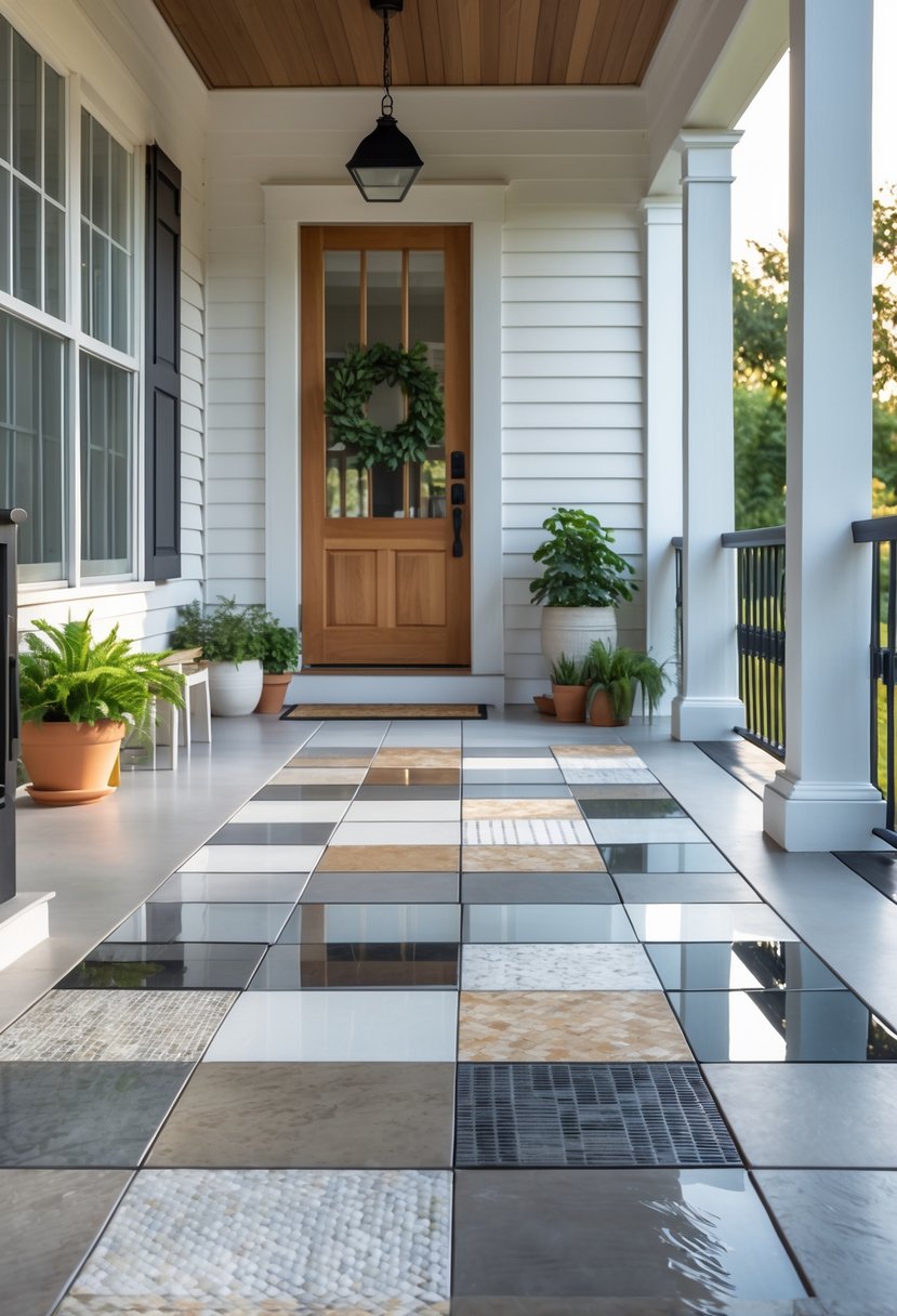 A front porch with ten different porcelain tiles arranged on the floor, surrounded by a wooden door and potted plants.