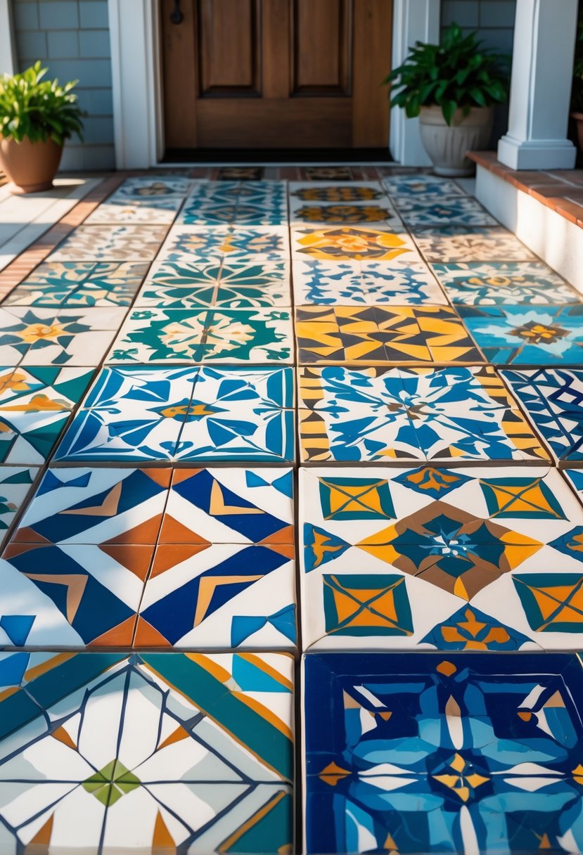 A front porch floor displaying ten different ceramic tiles with colorful geometric patterns arranged together.