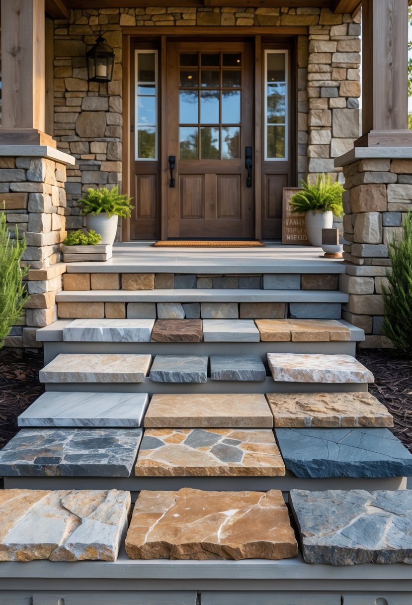 Ten different natural stone tiles arranged on a front porch with a wooden door and potted plants.