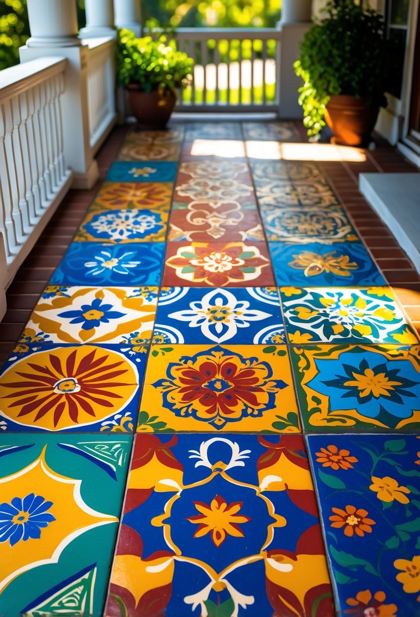 A front porch floor with ten colorful cement tiles arranged in a pattern, surrounded by a wooden railing and a potted plant.