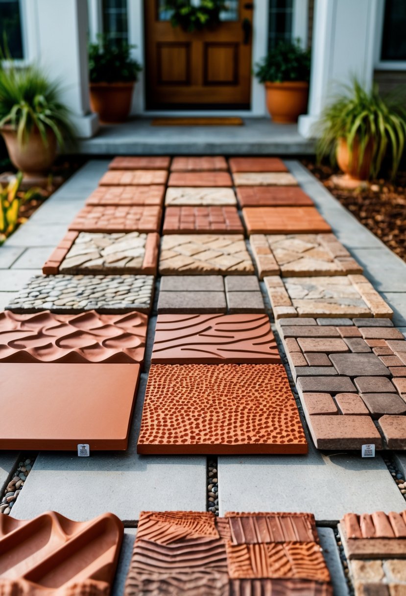 A front porch displaying ten different textured terracotta tiles arranged side by side with natural lighting.