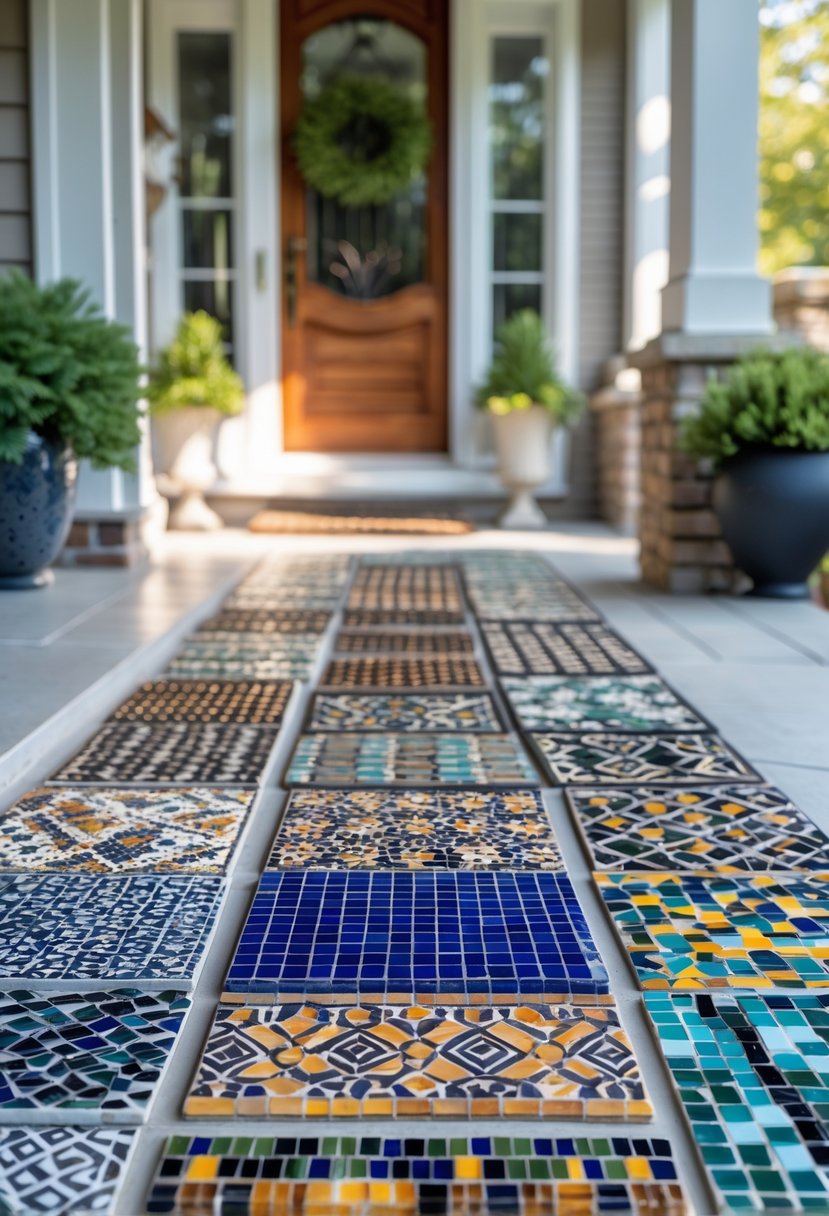 A front porch displaying ten different mosaic tile designs arranged on the floor near a wooden door with some plants nearby.