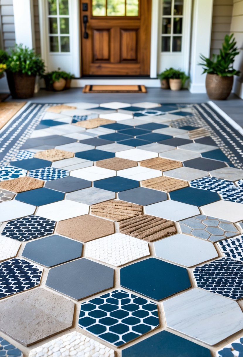 A front porch floor displaying ten different hexagonal patterned tiles arranged to showcase various colors and textures.