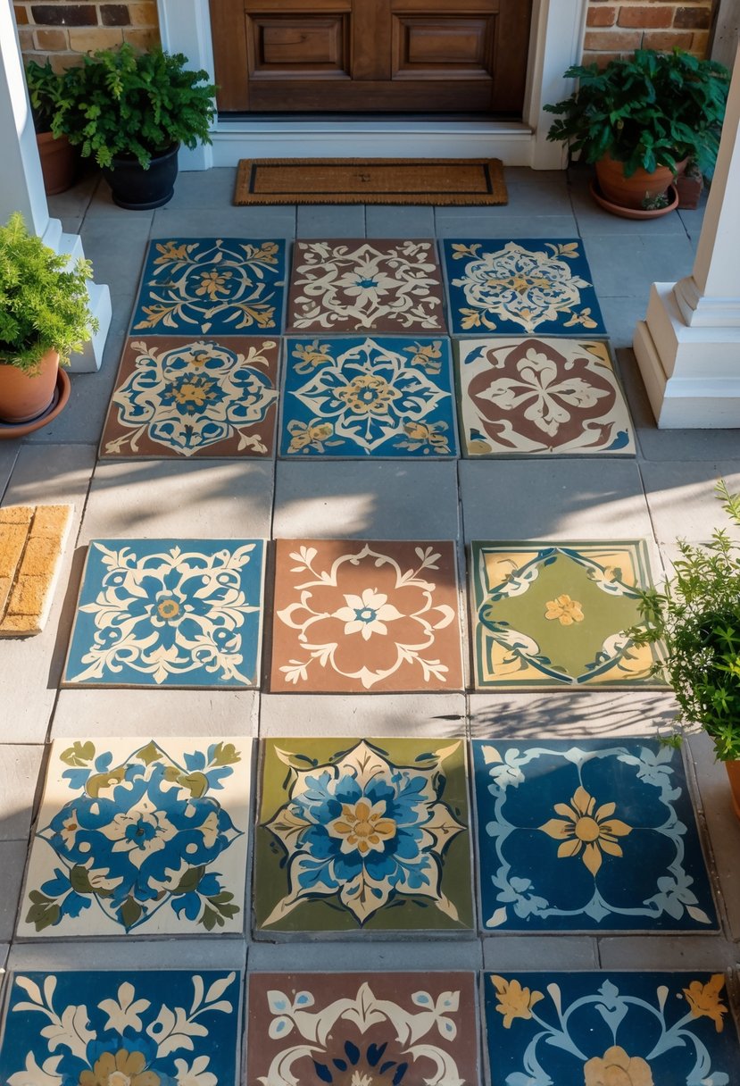 Front porch floor with ten patterned vintage tiles arranged in a neat layout, surrounded by a wooden doorframe and potted plants.