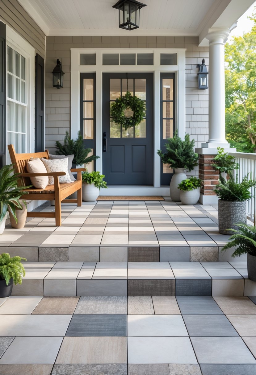 Front porch with ten different matte finish porcelain tiles arranged on the floor, featuring a bench, plants, and a front door.