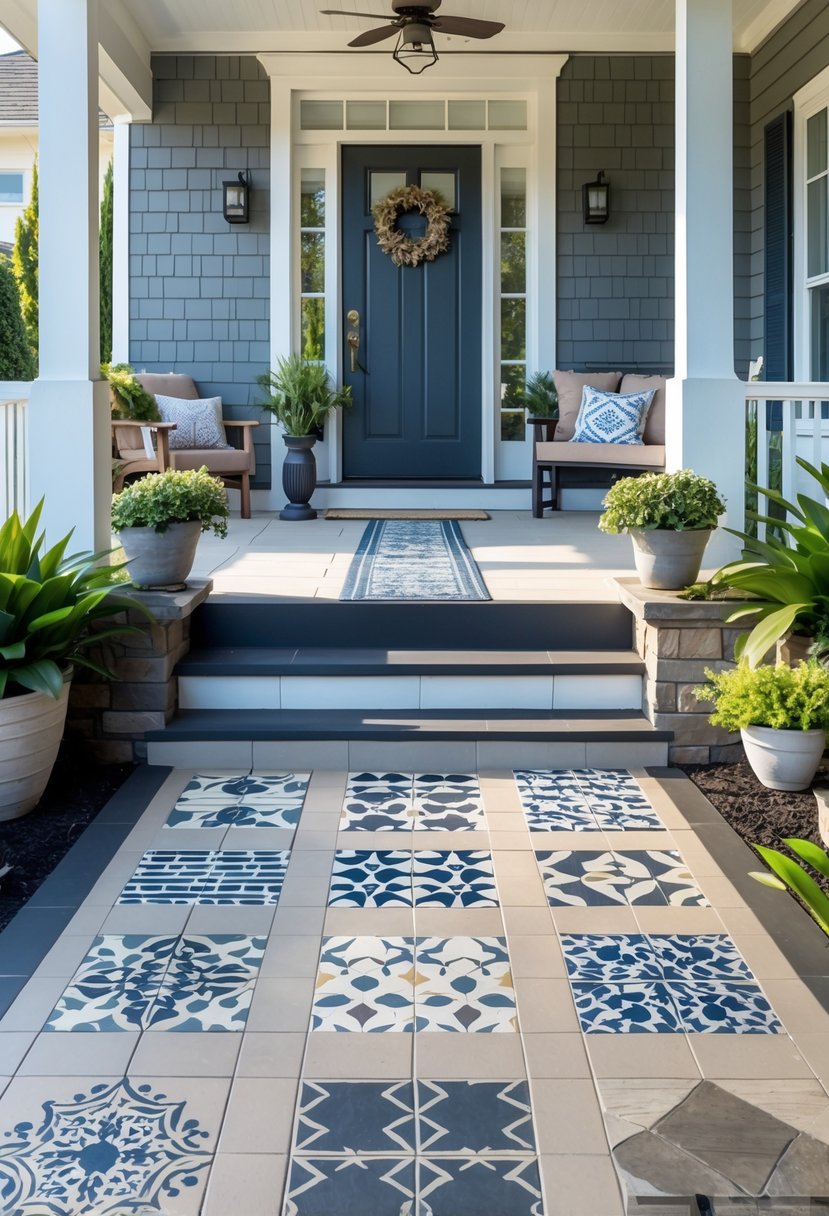 A front porch featuring ten different types of tiles arranged side by side with plants and a bench nearby.