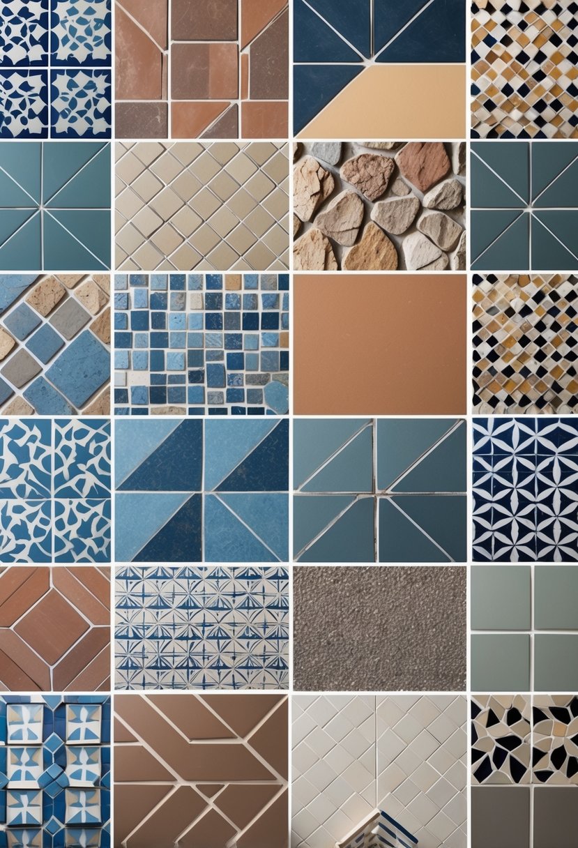 A collection of ten different front porch tiles displayed together, showing various patterns and colors.