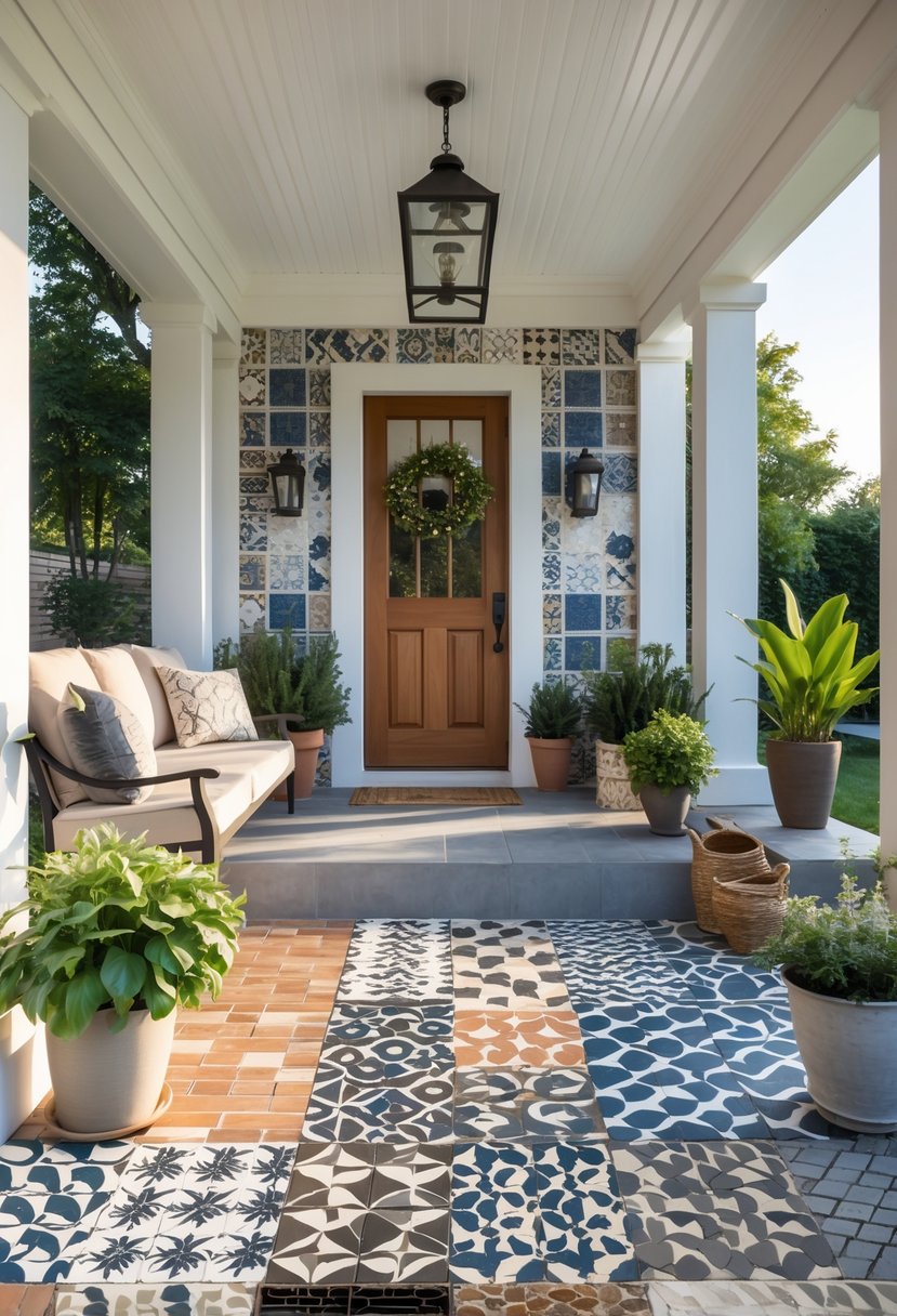 A front porch with ten different tile patterns, potted plants, a wooden door, and a seating area.