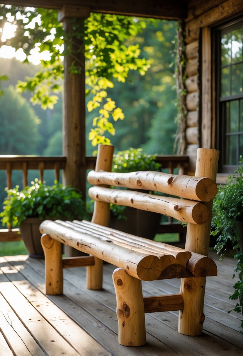 A rustic log bench on a wooden porch surrounded by plants and trees in a natural outdoor setting.