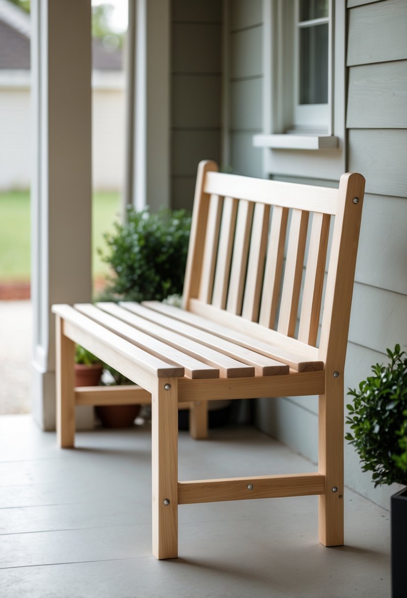 A narrow wooden slat bench placed on a small porch with potted plants and a simple exterior wall in the background.