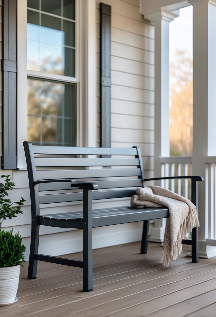 A powder-coated steel porch bench on a wooden porch with potted plants and a blanket.