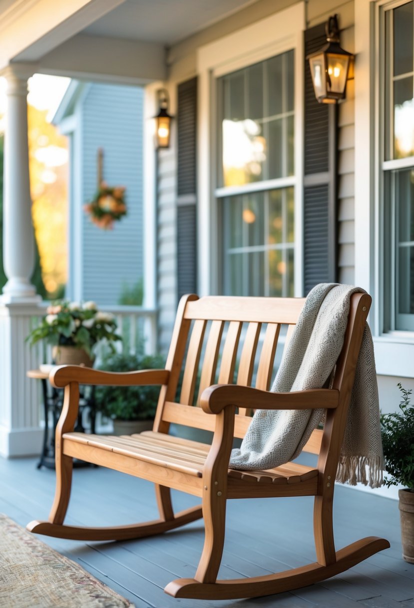A wooden rocking bench on a porch with plants and a small side table, creating a cozy outdoor seating area.