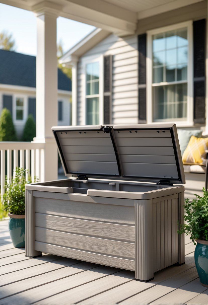 A weather-resistant HDPE storage bench on a porch with potted plants and a home exterior in the background.