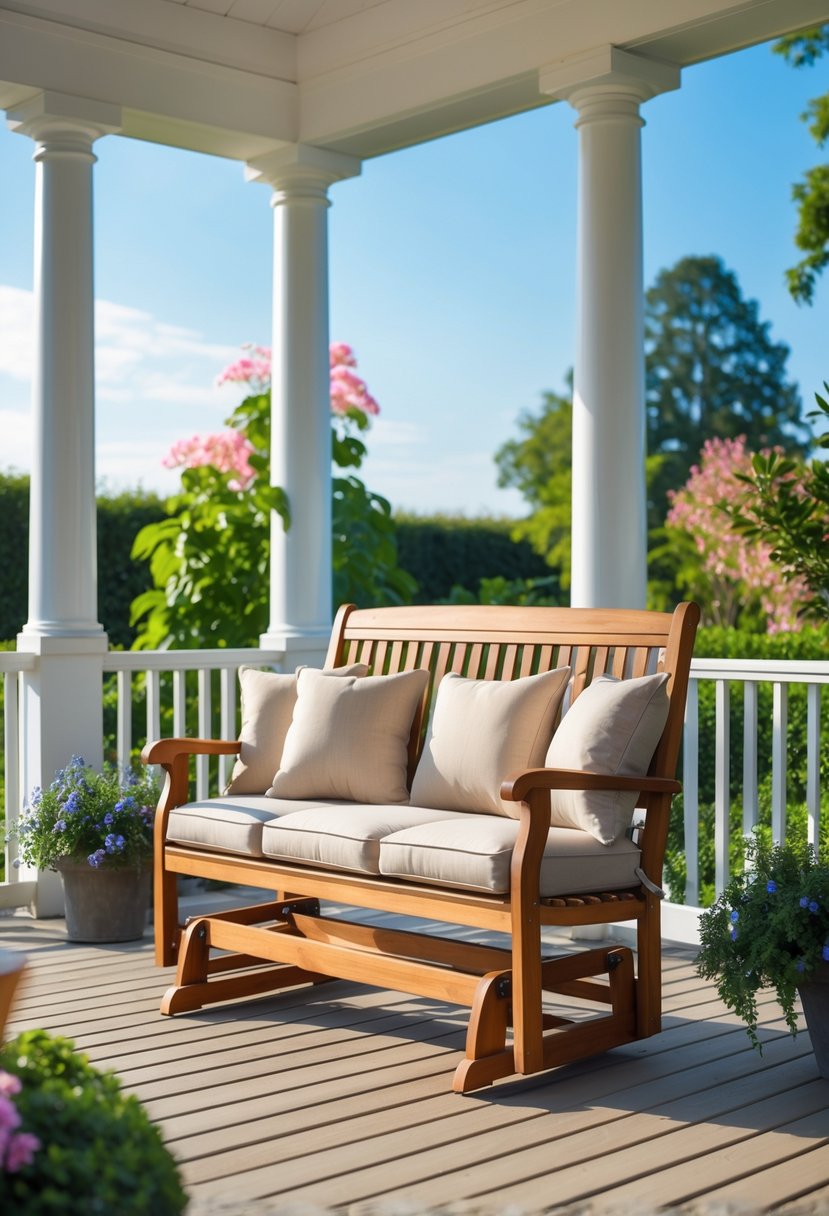 A glider porch bench with cushions on a wooden porch surrounded by plants and greenery.