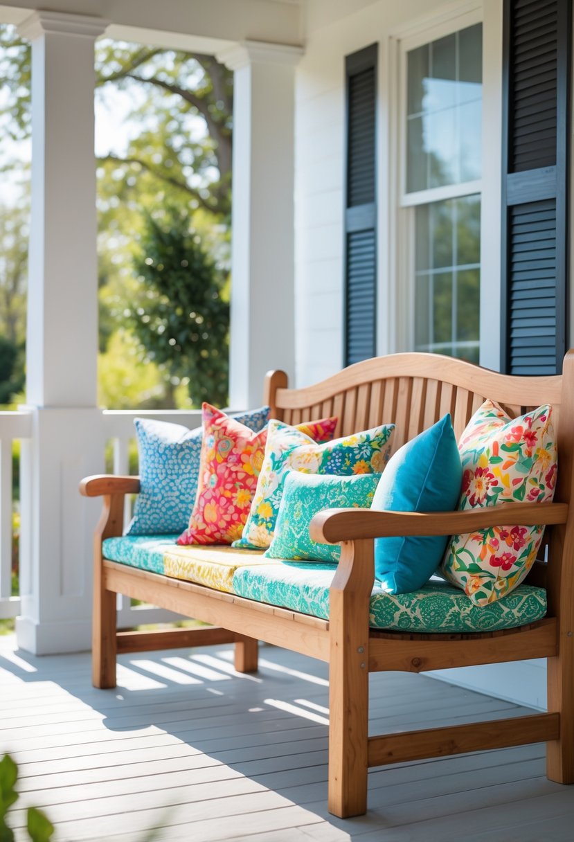 A wooden porch bench with multiple colorful cushions on a sunny porch with greenery in the background.