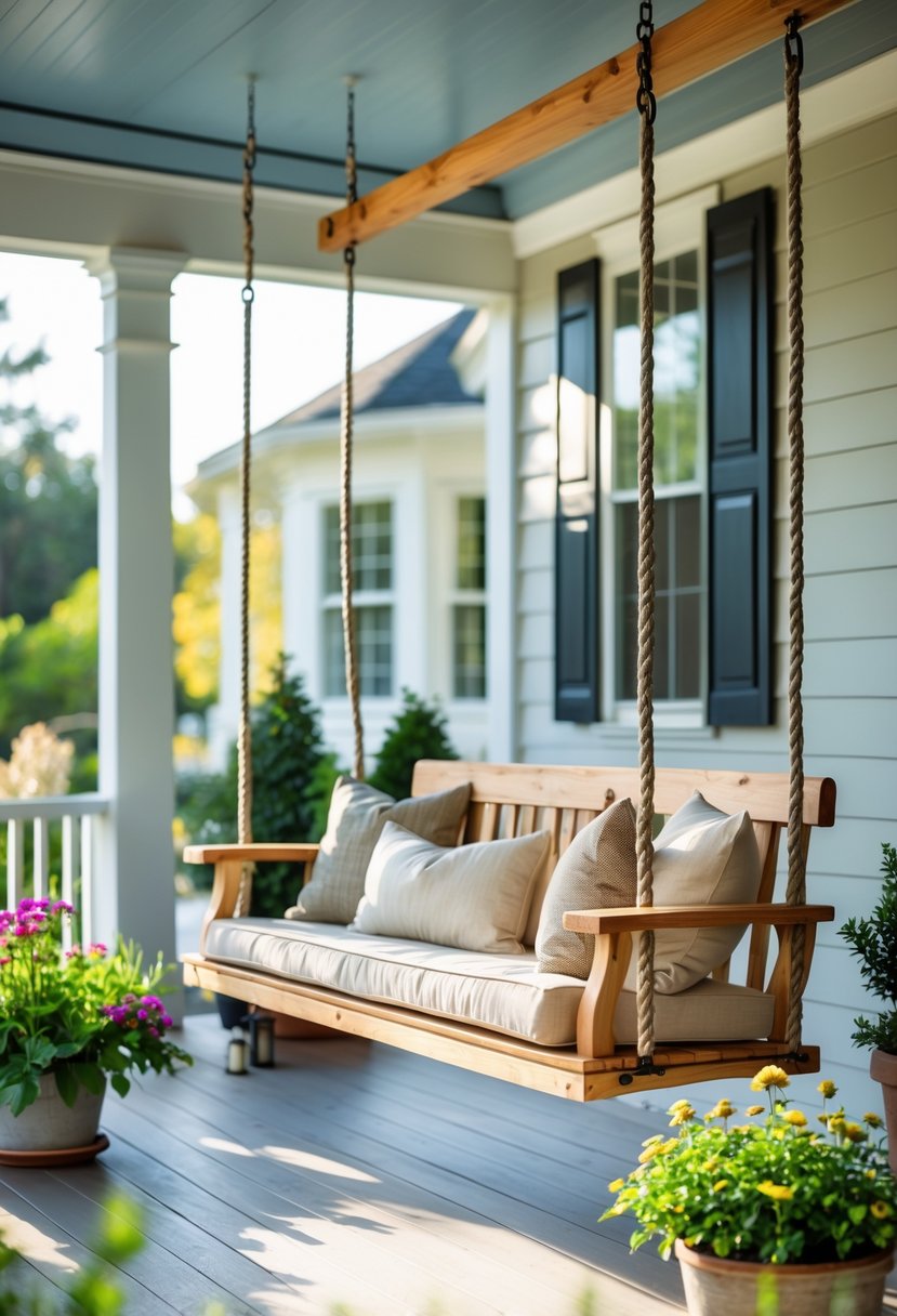 A hanging wooden porch bench swing with cushions on a covered porch surrounded by plants and flowers.
