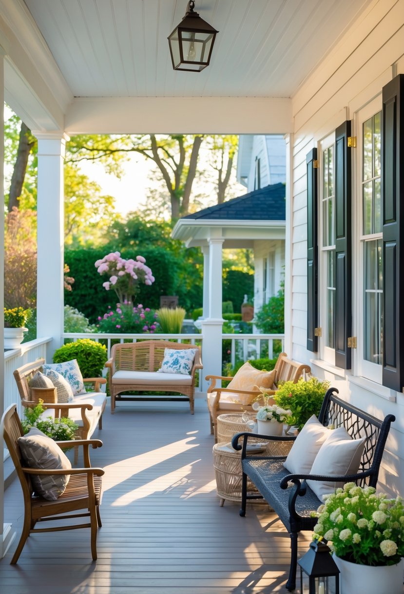 A wooden porch displaying twelve different benches with cushions and plants in a sunny outdoor setting.