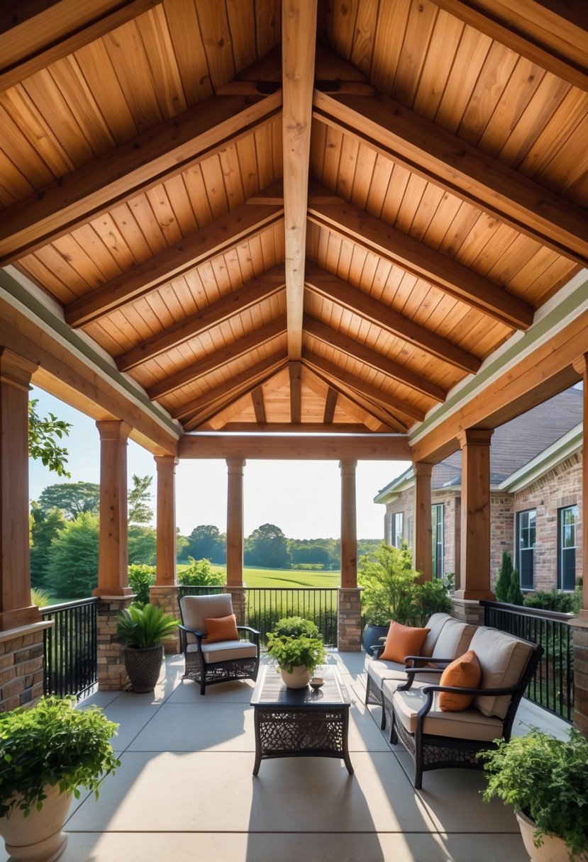 13 Porch Ceiling Ideas That Turn Ordinary Homes Into Showstoppers! 5 Outdoor porch with exposed wooden ceiling beams, comfortable seating, and greenery in the background.