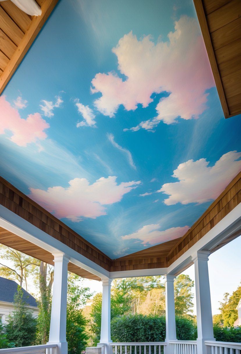 13 Porch Ceiling Ideas That Turn Ordinary Homes Into Showstoppers! 6 Porch ceiling painted with a mural of a blue sky and white clouds, viewed from below with part of the porch structure and outdoor plants visible.