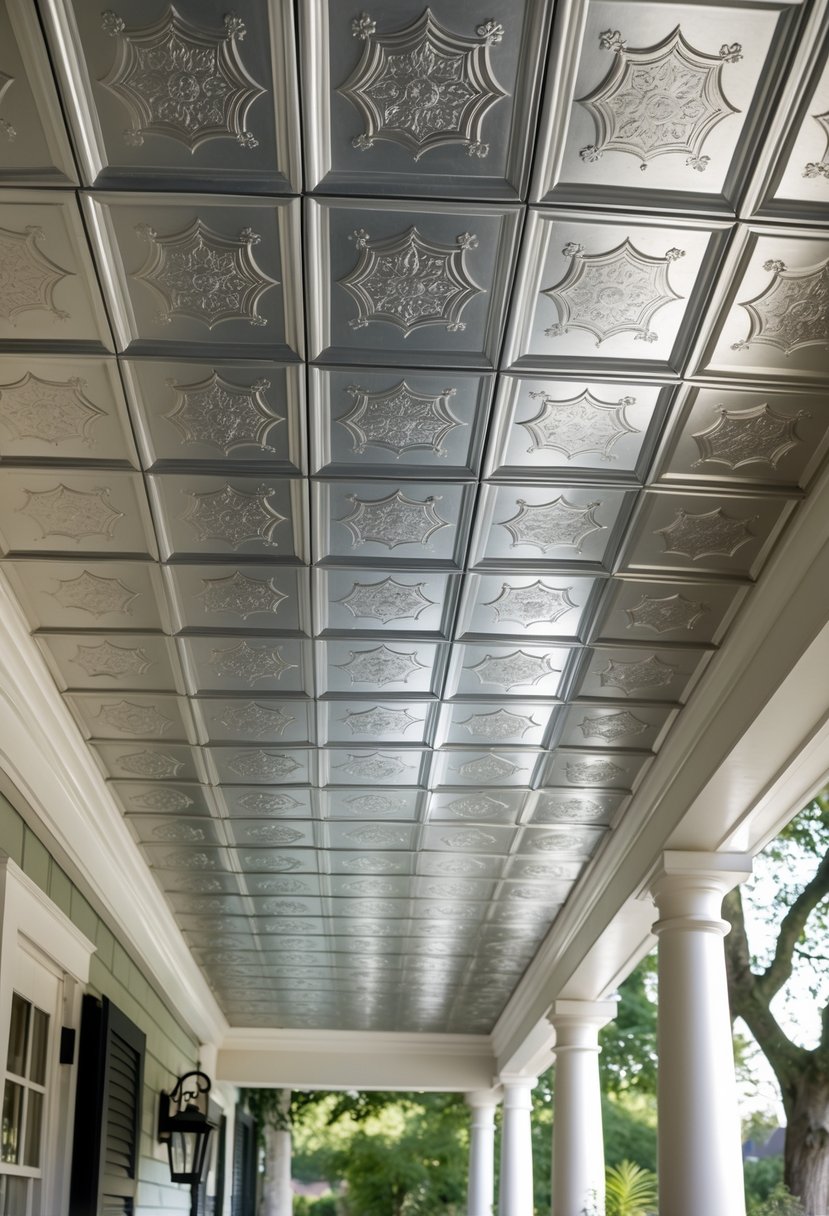 13 Porch Ceiling Ideas That Turn Ordinary Homes Into Showstoppers! 7 Porch ceiling decorated with detailed tin ceiling tiles and hanging light fixtures, with greenery visible outside.