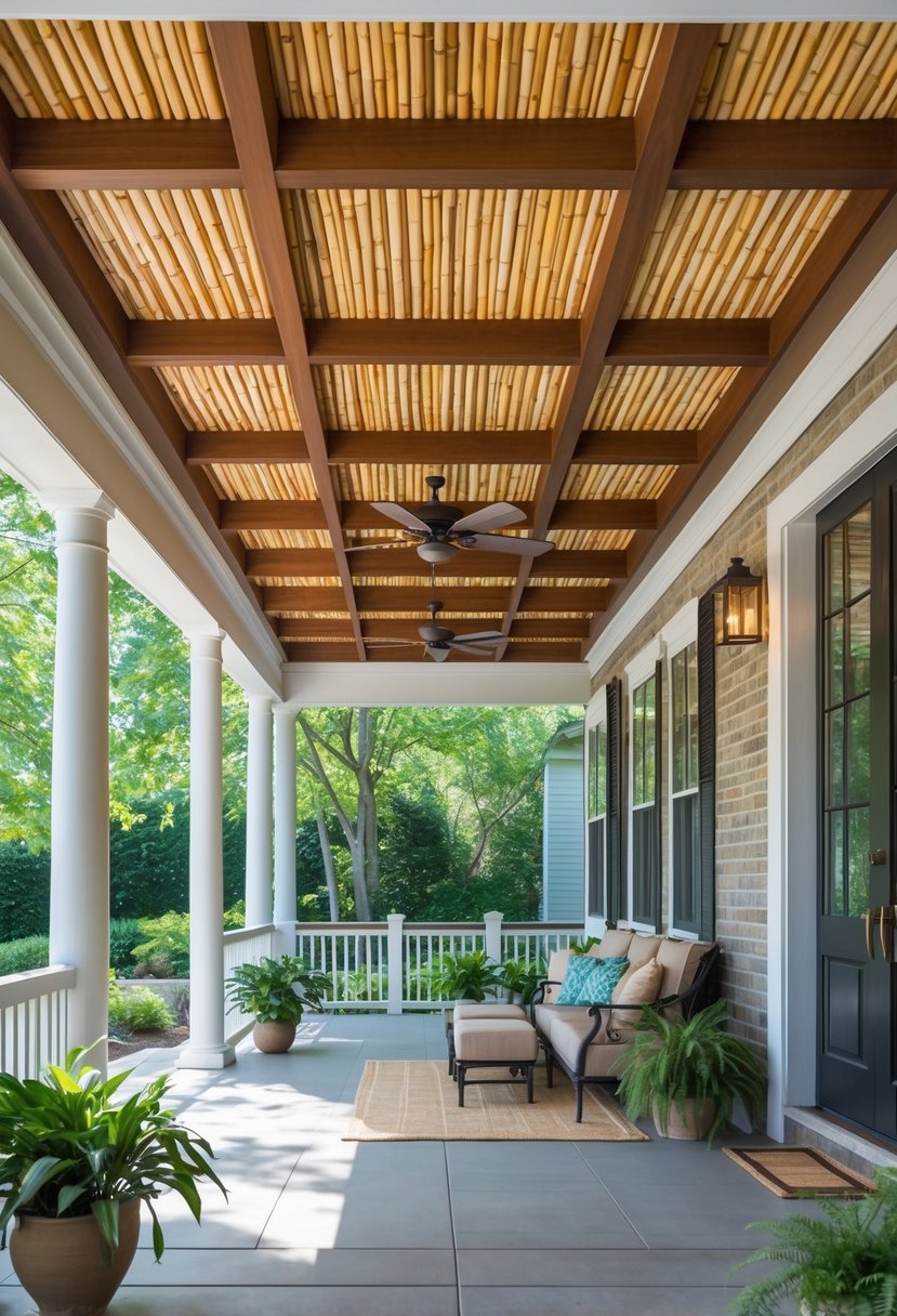 13 Porch Ceiling Ideas That Turn Ordinary Homes Into Showstoppers! 8 Outdoor porch with bamboo ceiling panels, seating, and plants.