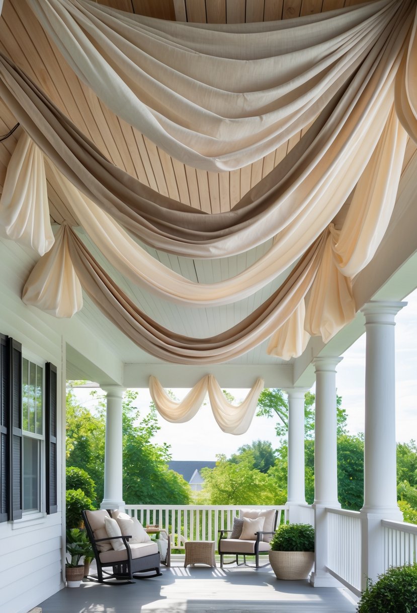 13 Porch Ceiling Ideas That Turn Ordinary Homes Into Showstoppers! 9 A porch ceiling decorated with soft fabric drapes hanging between wooden beams, with outdoor furniture and greenery visible beneath.