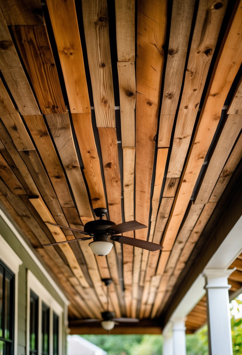 13 Porch Ceiling Ideas That Turn Ordinary Homes Into Showstoppers! 10 Porch ceiling with horizontal reclaimed wood slats and soft natural light, showing part of an outdoor porch with blurred greenery in the background.