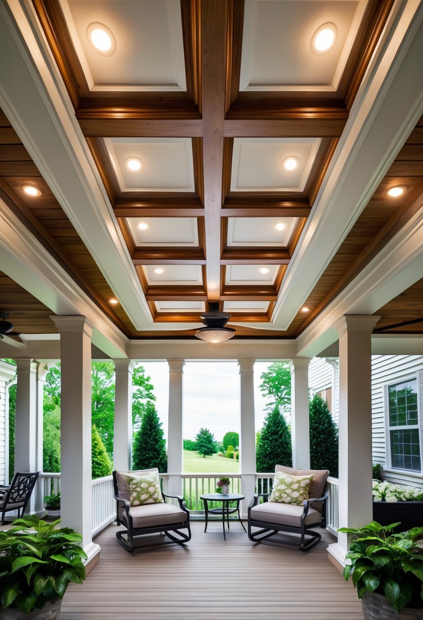 13 Porch Ceiling Ideas That Turn Ordinary Homes Into Showstoppers! 11 A porch with a wooden coffered ceiling, outdoor furniture, and plants surrounding the area.