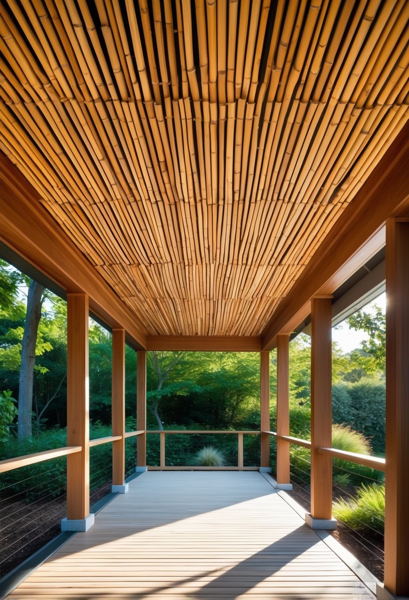 13 Porch Ceiling Ideas That Turn Ordinary Homes Into Showstoppers! 12 Porch ceiling made of natural bamboo slats with greenery visible outside.