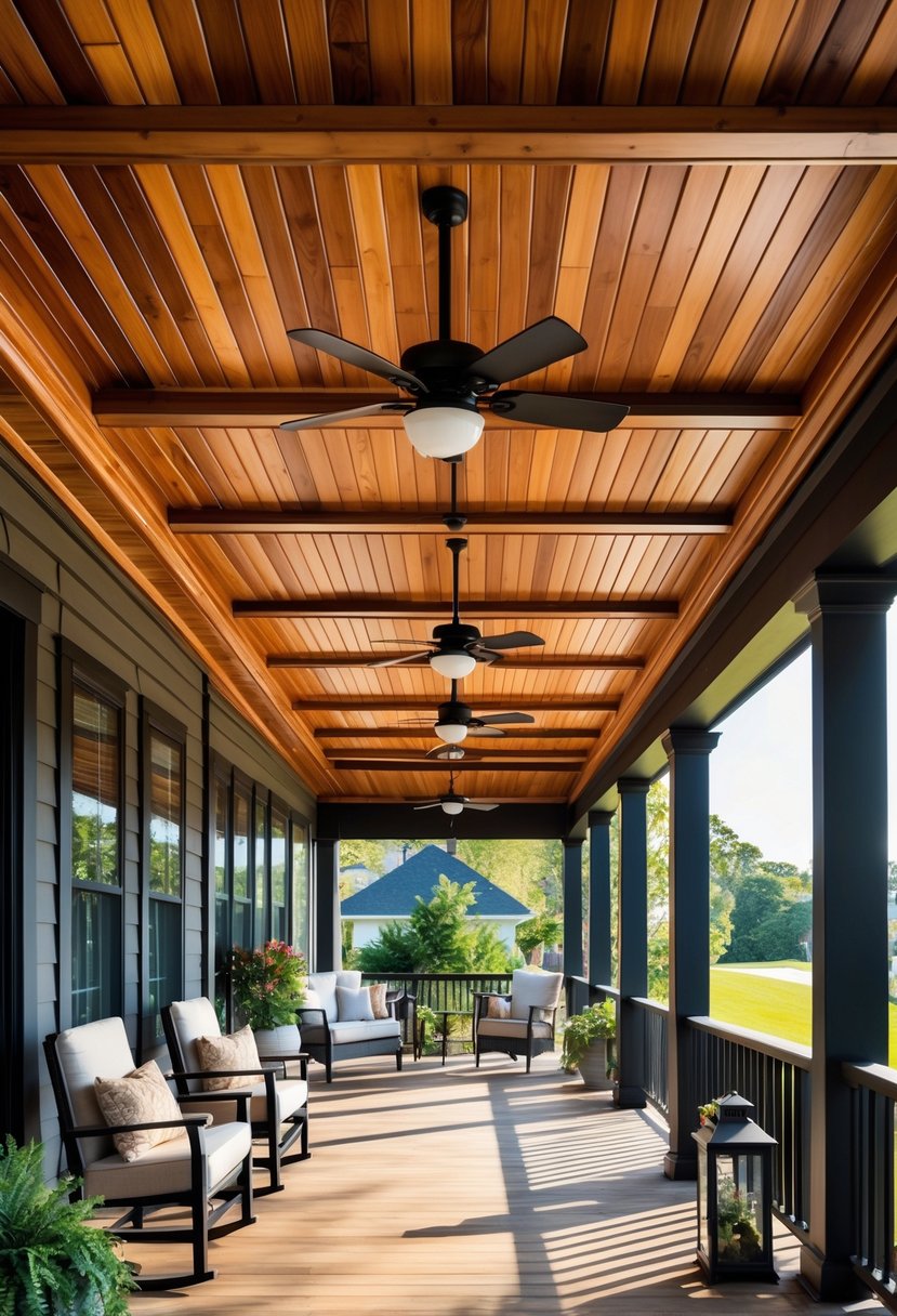 13 Porch Ceiling Ideas That Turn Ordinary Homes Into Showstoppers! 13 Outdoor porch area showing thirteen different stained wood ceiling designs with various wood patterns and warm tones.