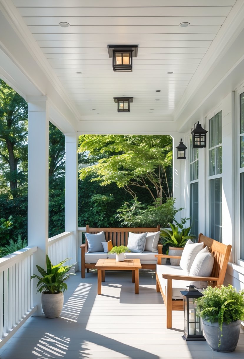 13 Porch Ceiling Ideas That Turn Ordinary Homes Into Showstoppers! 14 Outdoor porch with white PVC ceiling tiles, seating area, plants, and natural sunlight.