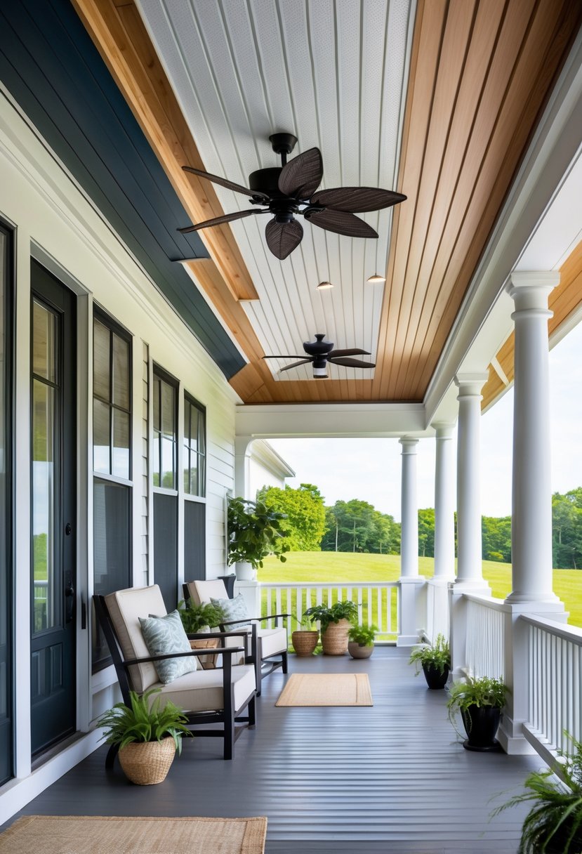 13 Porch Ceiling Ideas That Turn Ordinary Homes Into Showstoppers! 15 A porch showing different ceiling designs with wood panels, lighting, and comfortable outdoor furniture.