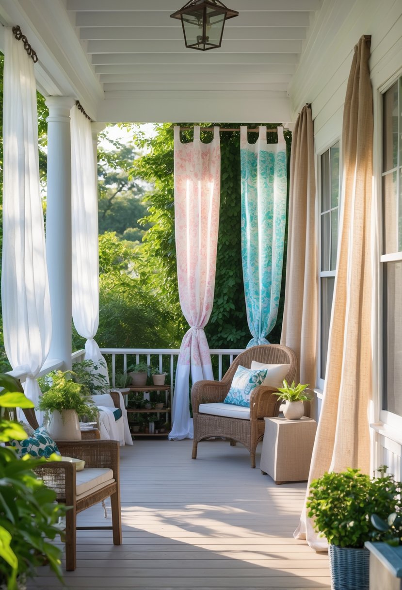 A porch with ten different types of curtains including sheer, bamboo, patterned, linen, waterproof, burlap, striped, floral, blackout, and mesh curtains, surrounded by plants and outdoor seating.