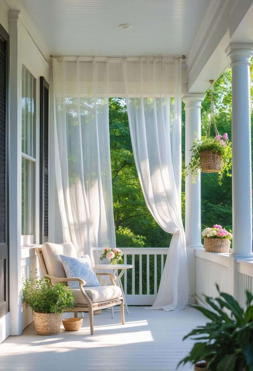 A porch with sheer white curtains gently blowing, surrounded by plants and comfortable seating.