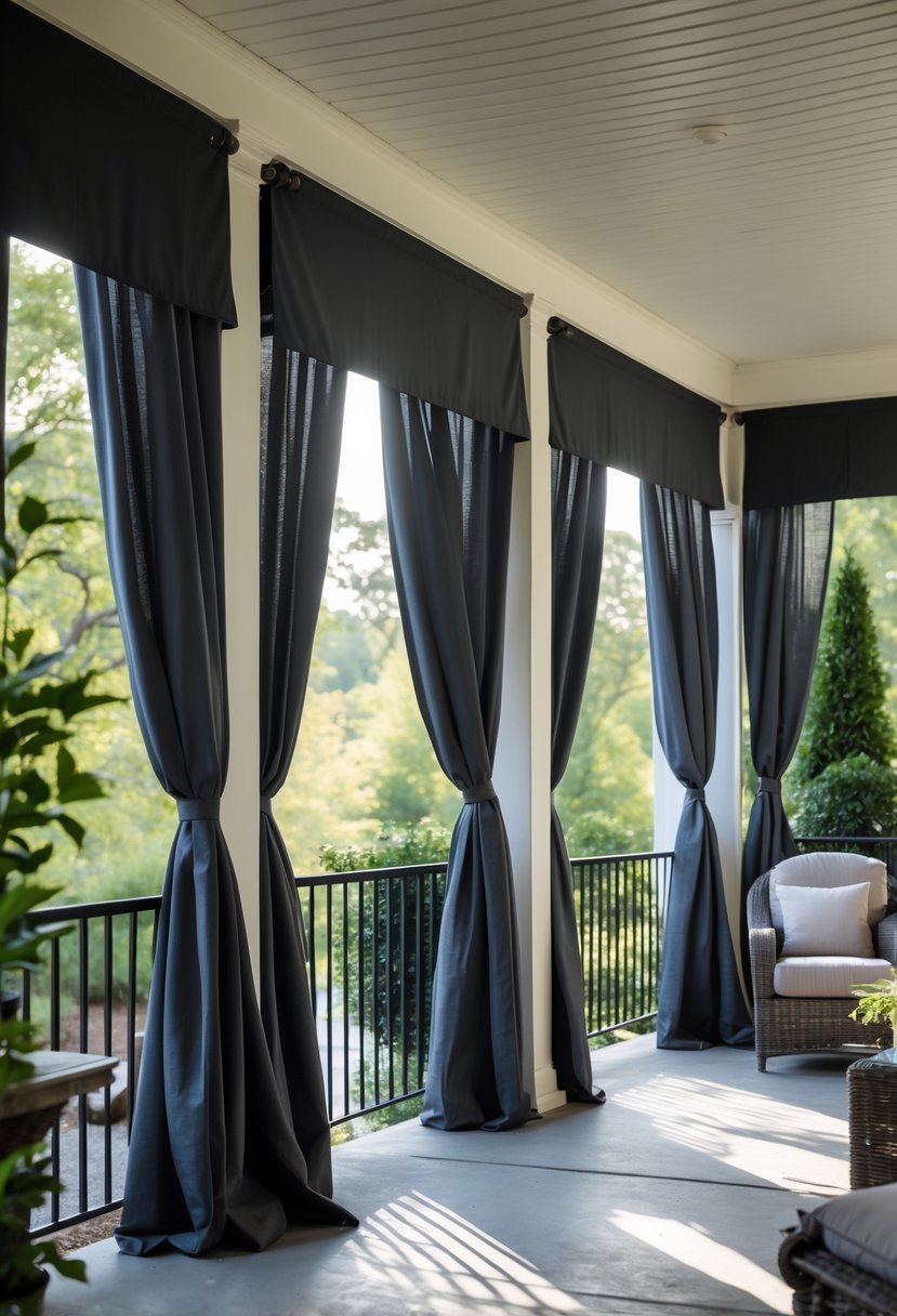 A porch with several dark blackout curtains hanging, providing shade and privacy around comfortable outdoor seating.