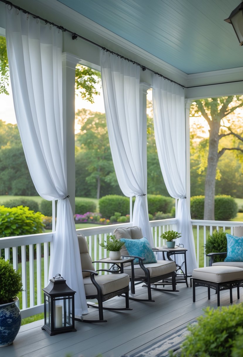 Outdoor porch with weather-resistant curtains hanging around seating area surrounded by plants and greenery.