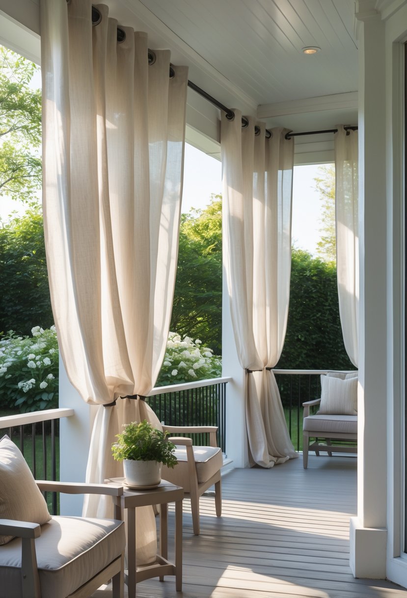 A porch with light curtains hanging from a rod, comfortable chairs, a small table with a plant, and greenery in the background.