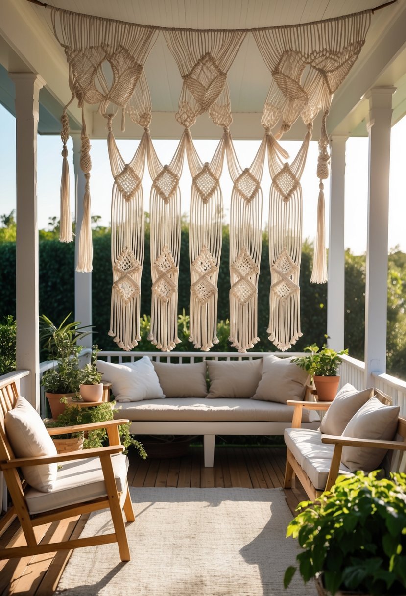 A bright porch with wooden furniture and hanging macrame curtains surrounded by plants in natural sunlight.